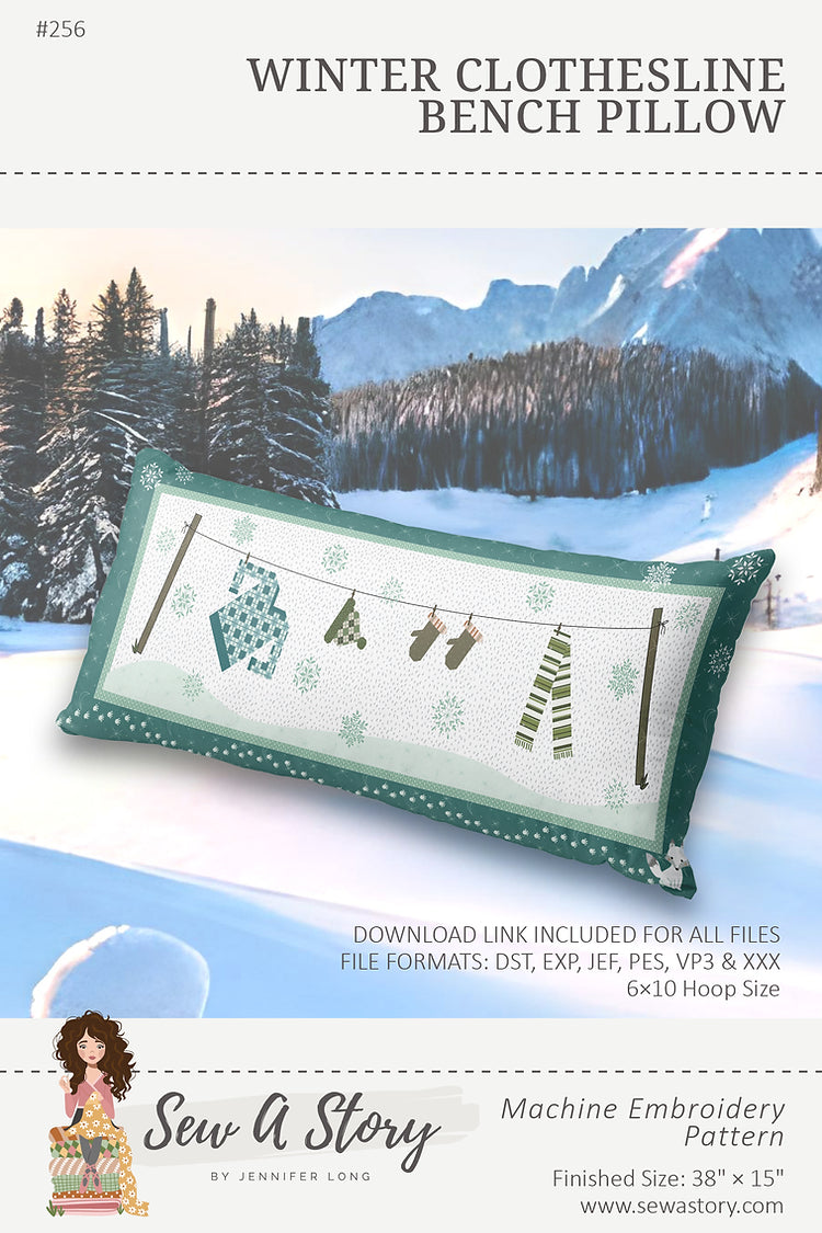 Winter Clothesline Bench Pillow Machine Embroidery Pattern