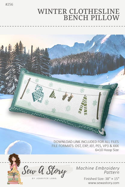 Winter Clothesline Bench Pillow Machine Embroidery Pattern